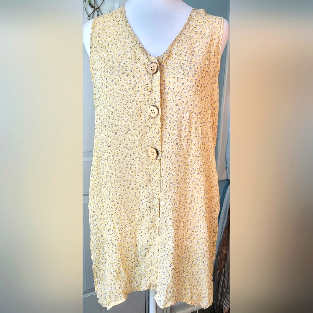 90's Vintage Semi Sheer Button-Down Tunic Top Womens M Yellow Purple Floral Boho